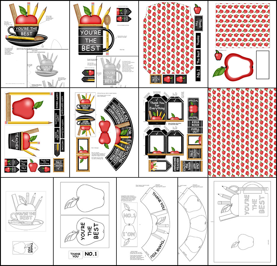 Anni Arts Teacher's Apple Shaped teacup Cradle Card, Teabag Packets, Tags, Cupcake Wrap and Toppers, Shaped Mug Card,Color-In Teacup Cradle Card, Packets, Tags, Cupcake Wrap, Teacup Topper, BONUS blank Envelope, FREE Apple Pattern Page